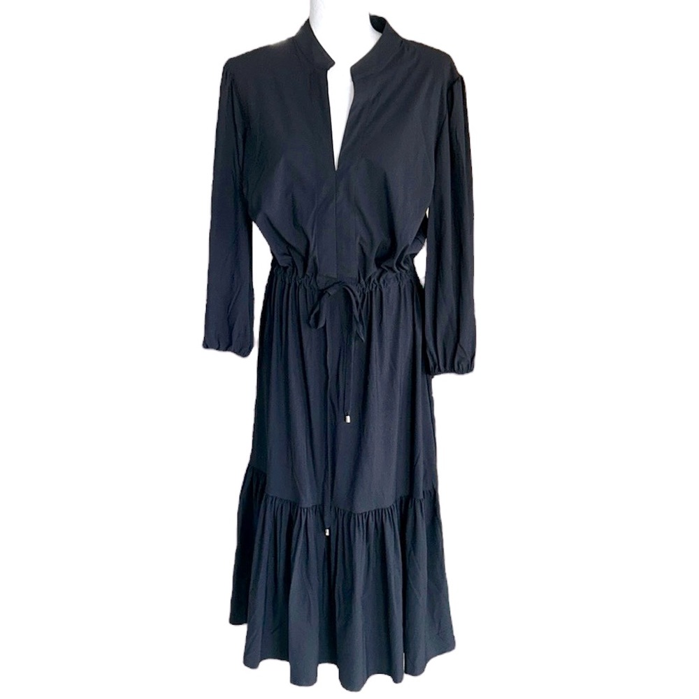 Jude Connally Black Drawstring Tie Waist Ruffle Peasant Midi Dress - M